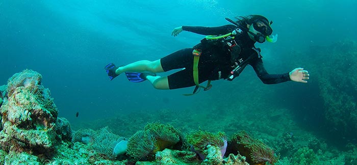 Image of woman scuba diving in a coral reef in the ocean for Quotacy blog Your Hobbies Can Affect Your Life Insurance Rates.