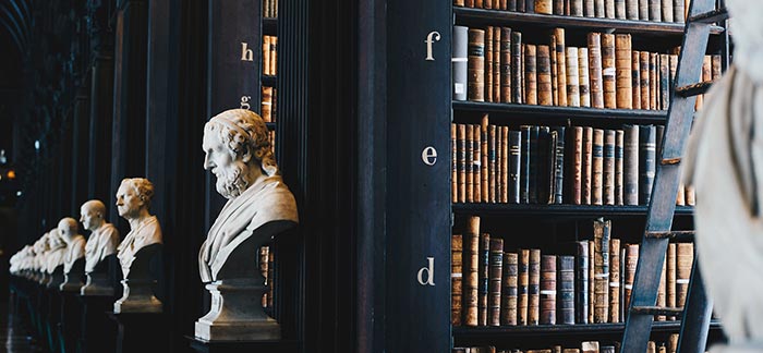 library shelves with stone busts of great philosophers