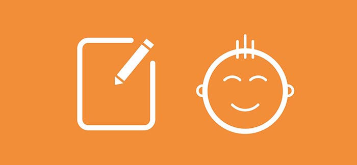 Quotacy, Inc. orange icon set with financial planning notebook and smiling baby face.