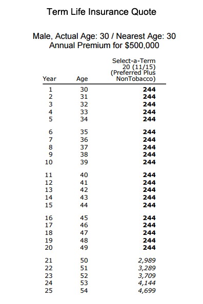 20 Year Term Life Insurance Rate Chart