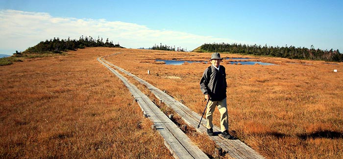 Image of elderly man hiking on a boardwalk in a bog for Quotacy blog: How to Live Longer and Financially Plan for It.