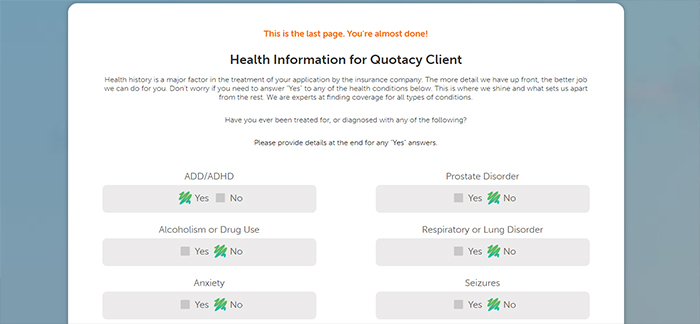 Screenshot of Quotacy life insurance application with ADHD marked Yes