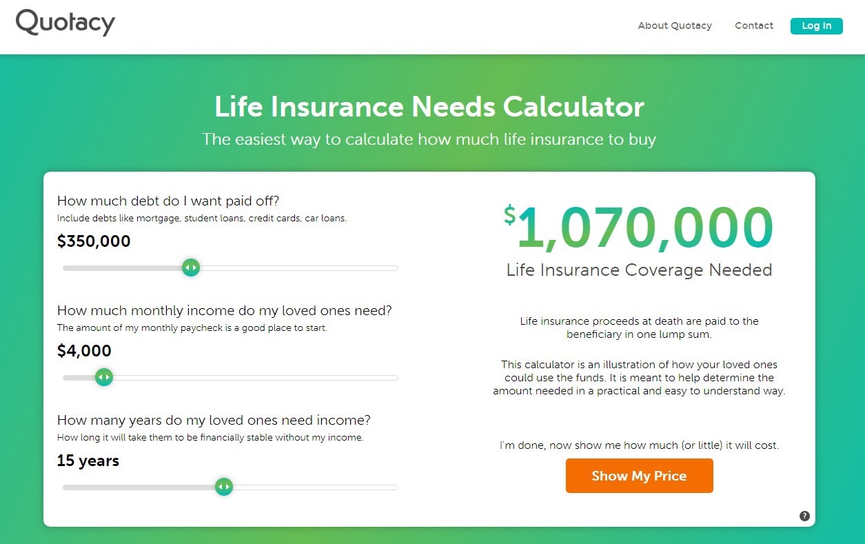 Quotacy life insurance needs calculator tool showing $1,070,000 in term coverage