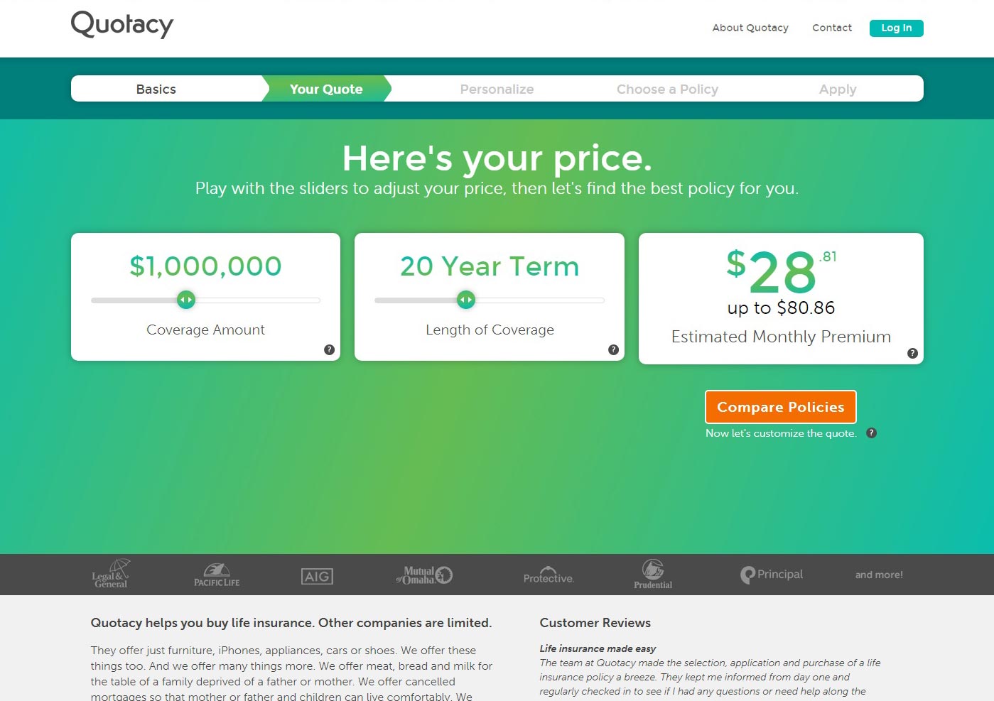 screenshot of Quotacy quoting tool showing $1,000,000 term life insurance policy