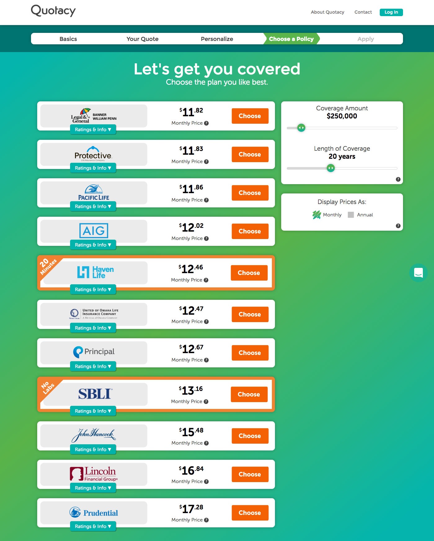 Screenshot of Quotacy's carrier options for Quotacy blog Determining Your Average Life Insurance Cost