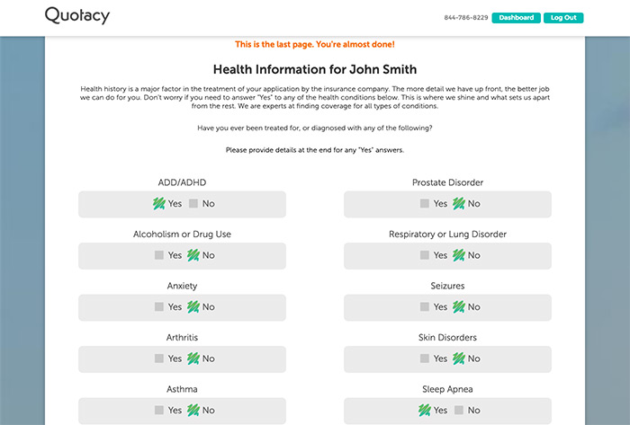 screenshot of Quotacy's online life insurance application health questions