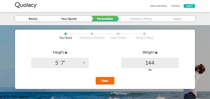 screenshot of Quotacy's term life insurance quoting tool height and weight
