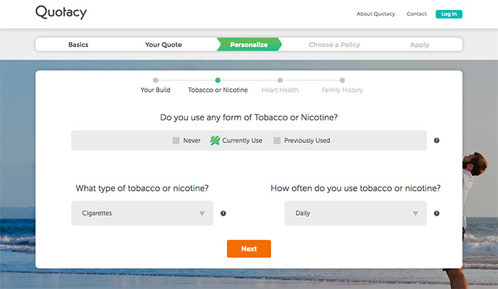 screenshot of Quotacy's term life insurance quoting tool tobacco use