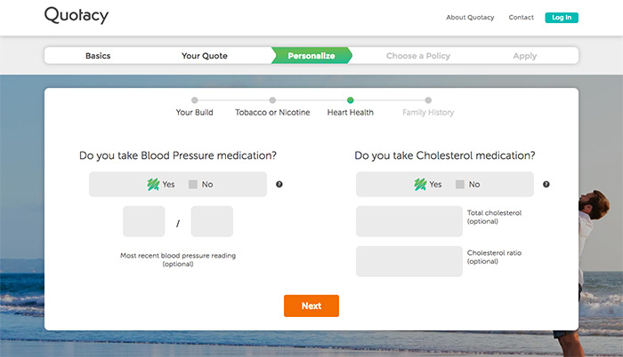 screenshot of Quotacy's term life insurance quoting tool blood pressure and cholesterol