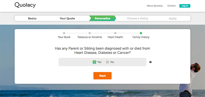 screenshot of Quotacy term life insurance quoting tool for family health history part one