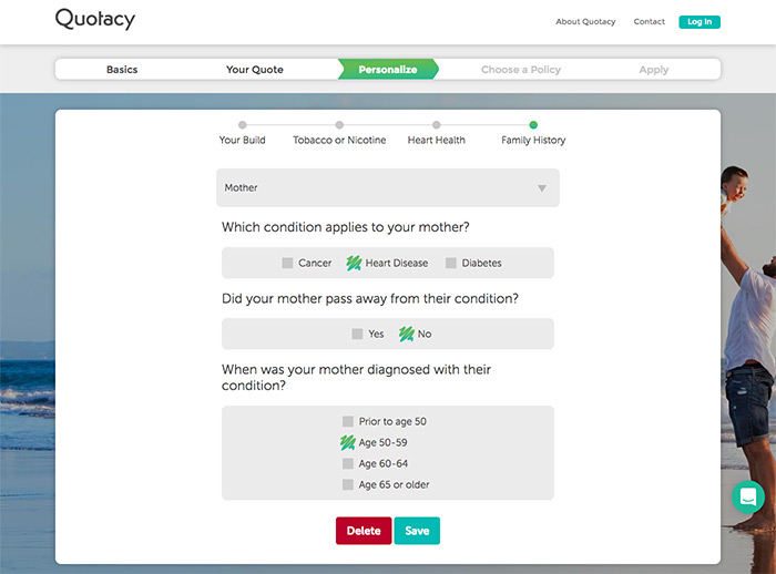 screenshot of Quotacy term life insurance quoting tool family health history