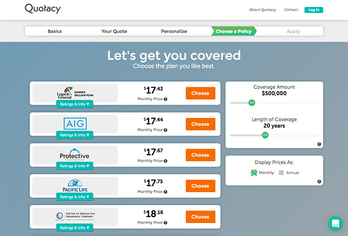 Screenshot of Quotacy term life insurance quoting tool with quotes from top rated life insurance companies