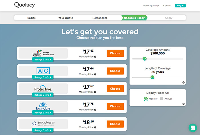 screenshot of Quotacy term life insurance quoting tool quotes from top rated life insurance companies