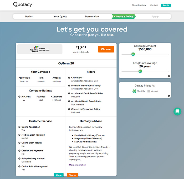screenshot of Quotacy term life insurance quoting tool life insurance company details
