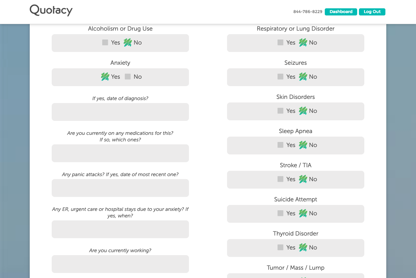 screenshot of Quotacy's online application process yes or no medical questions