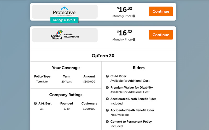 Screenshot of a quote showing rider options.