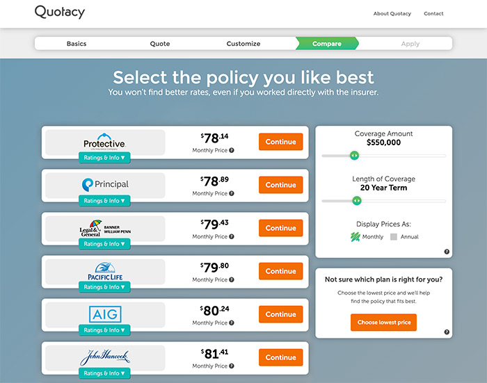 quotacy quoting tool showing life insurance for high risk individuals