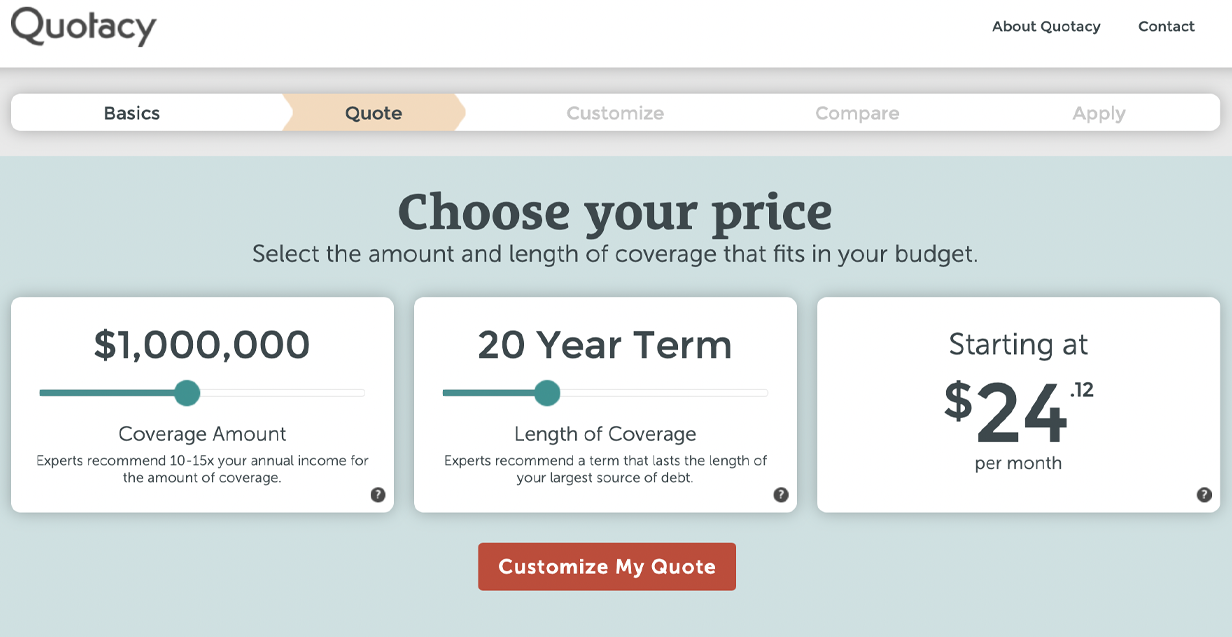 Screenshot of Quotacy's quoting tool showing a quote for $1,000,000 20-year term