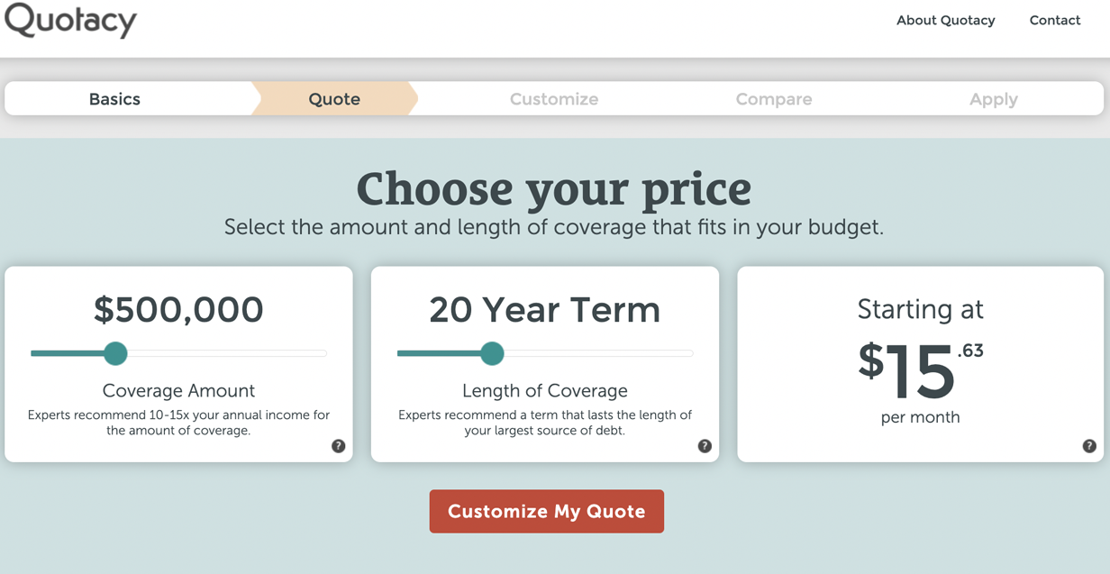 Screenshot of Quotacy's quoting tool showing a quote for $500,000 20-year term