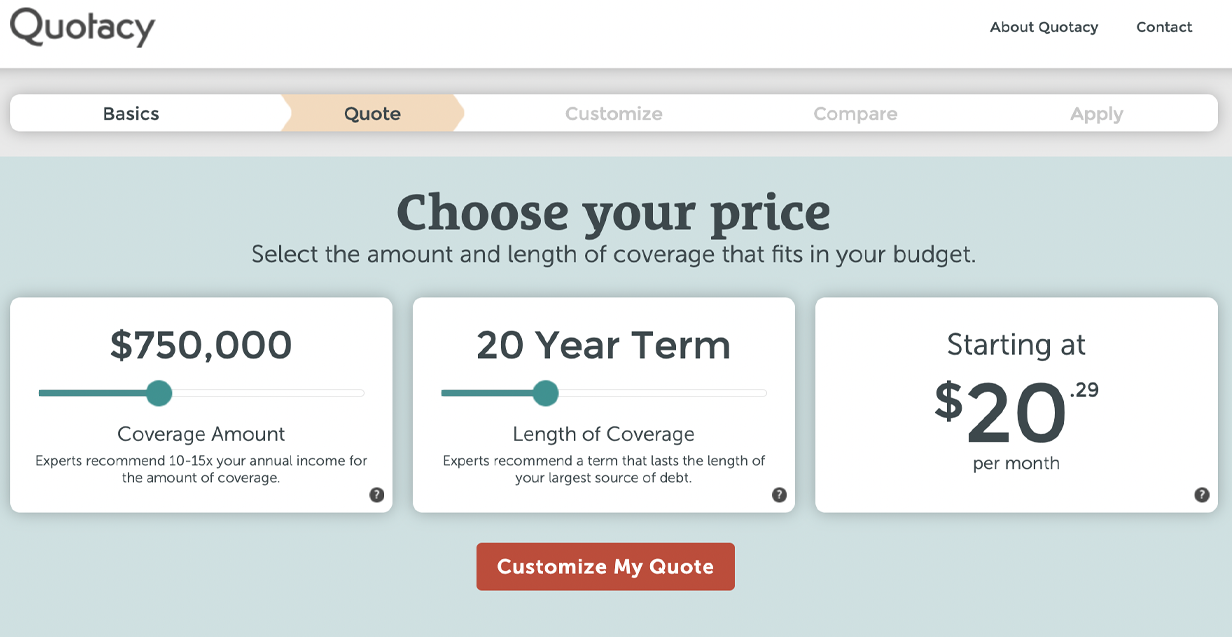 Screenshot of Quotacy's quoting tool showing a quote for $750,000 20-year term