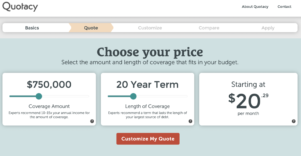 750K,-20-Year-Term-Qtool Screenshot of Quotacy's quoting tool showing a quote for $750,000 20-year term