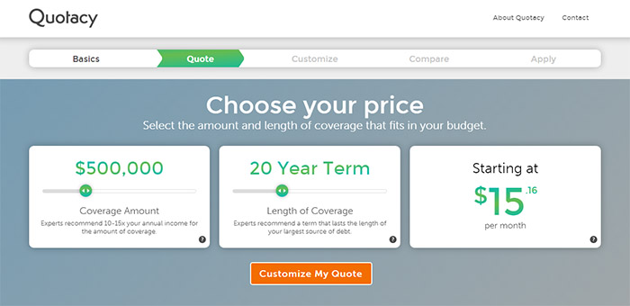 Quotacy term life insurance tool showing quote for 20-year 500000