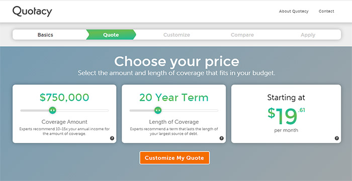 Quotacy term life insurance tool showing quote for 20-year 750000
