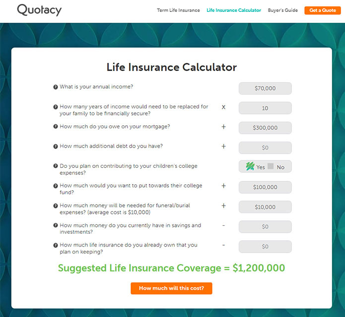 image of Quotacy life insurance needs calculator for $1,200,000