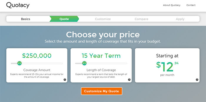 image of Quotacy quoting tool showing 15 year $250,000 term policy