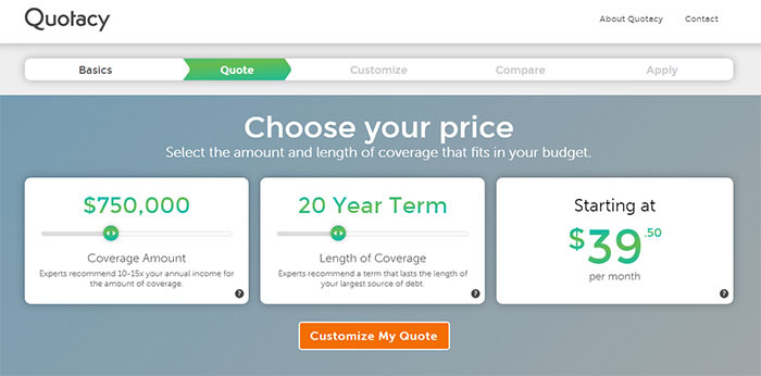 image of the Quotacy Quote Tool showing 20-year $ 750,000 policy