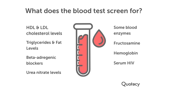 graphic titled 'what does the blood test screen for' on a white background with a blood testing icon in between two lists of what they test for in the blood test