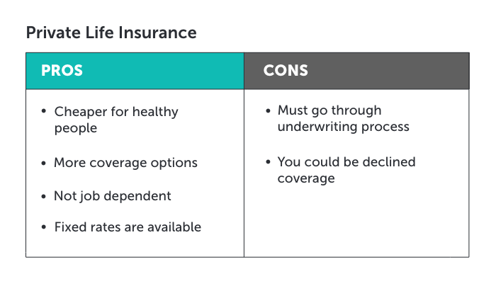 Infographic showing the pros and cons of private life insurance. There are more pros than cons.