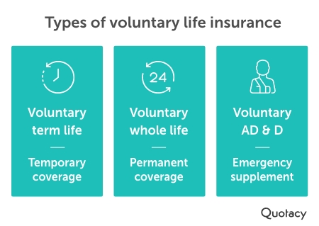 Graphic titled 'types of voluntary life insurance' on a white background with three teal rectangles on a white brackground that read voluntary term life, voluntary whole life, voluntary accidental death & dismemberment each with a relevant icon above it