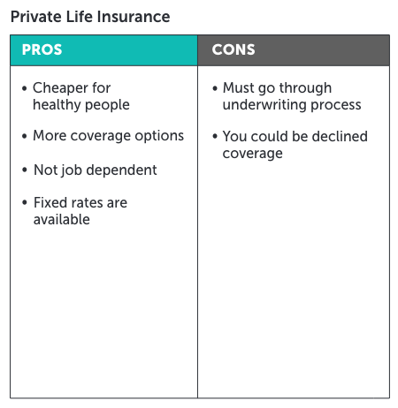 Infographic showing the pros and cons of private life insurance. There are more pros than cons.