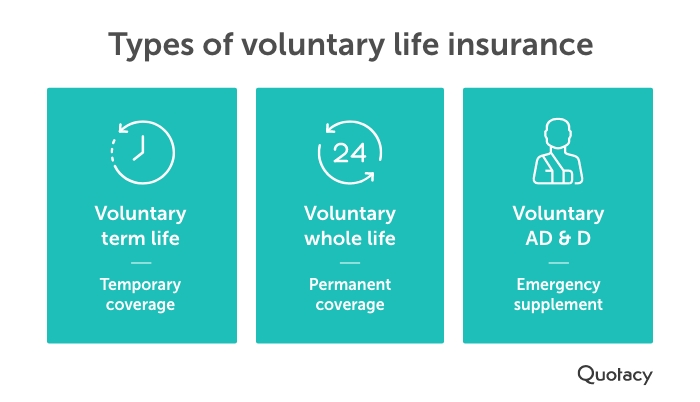 Graphic titled 'types of voluntary life insurance' on a white background with three teal rectangles on a white brackground that read voluntary term life, voluntary whole life, voluntary accidental death & dismemberment each with a relevant icon above it