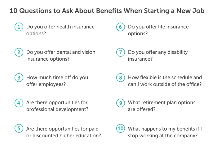 Desktop-10-Questions-to Ask-About-Benefits-When-Starting-a-New-Job Graphic titled, "10 Questions to ask about benefits when starting a new job". In order from 1-10 the questions read: Do you offer health insurance options? Do you offer dental and vision insurance options? How much time off do you offer employees? Are there opportunities for professional development? Are there opportunities for paid or discounted higher education? Do you offer life insurance options? Do you offer any disability insurance? How flexible is the schedule and can I work outside of the office? What retirement plan options are offered? What happens to my benefits it I stop working at the company?