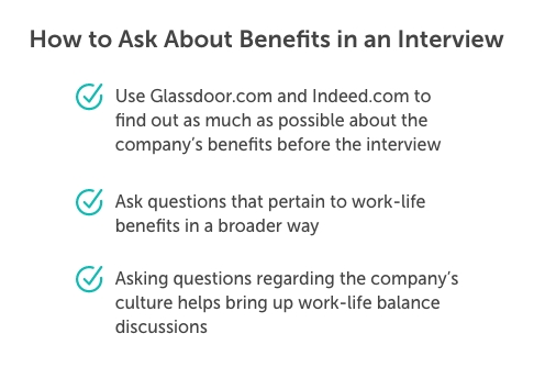 Graphic titled, "How to Ask About Benefits in an Interview". The three recommendations that follow read, "Use glassdoor.com and indeed.com to find out as much as possible about the company's benefits before the interview, ask questions that pertain to work-life benefits in a broader way, and ask questions regarding the company's culture helps bring up work-life balance discussions.