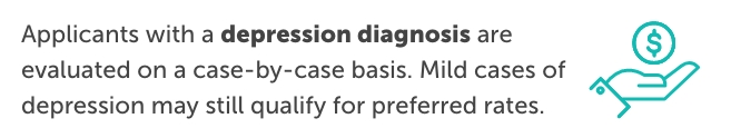 Graphic with an icon on the right side of a hand with a dollar sign hovering over it to symbolize saving money. To the left, the text says, "Applicants with a depression diagnosis are evaluated on a case-by-vase basis. Mild cases of depression may still qualify for preferred rates."