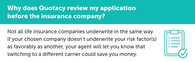 Graphic titled, "Why does Quotacy review my application before the insurance company?" Followed by text that says, "Not all life insurance companies underwrite the same way. If your chosen company doesn't underwrite your risk factor(s) as favorably as another, your agent will let you know that switching to a different carrier could save you money."