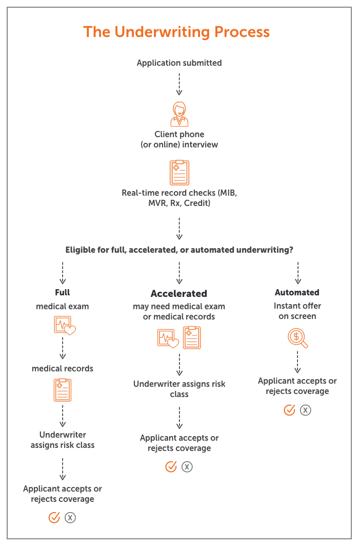 infographic showing how the life insurance underwriting process works with an overview of 3 different underwriting paths: traditional, accelerated, and automated