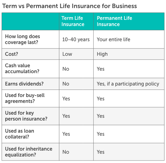 graphic showing term vs permanent life insurance for business comparison