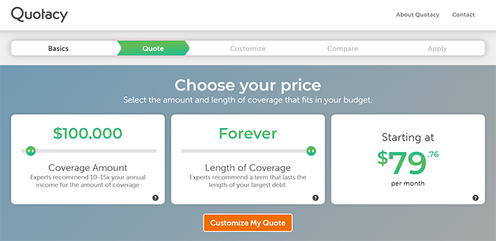 100K_gul Quotacy quoting tool screenshot showing the price for a $100,000 guaranteed universal life insurance quote for a 35 year old male