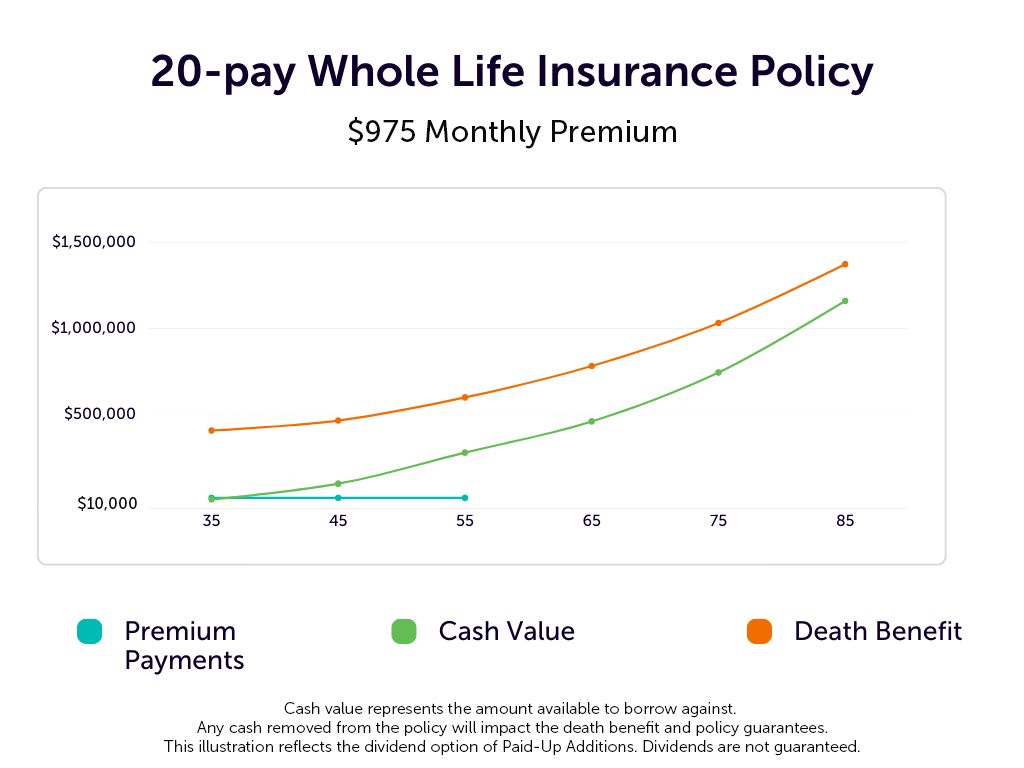 20-pay Whole life insurance policy line graph showing the cash value and death benefit over 50 years.