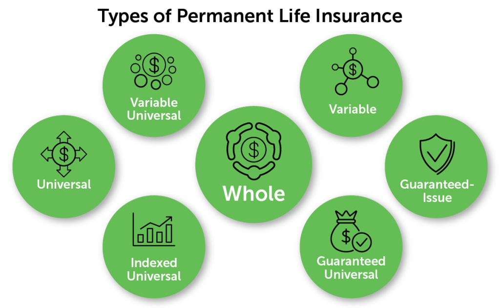 Icons of the different types of permanent life insurance: variable, variable universal, universal, whole, indexed universal, guaranteed universal, guaranteed-issue