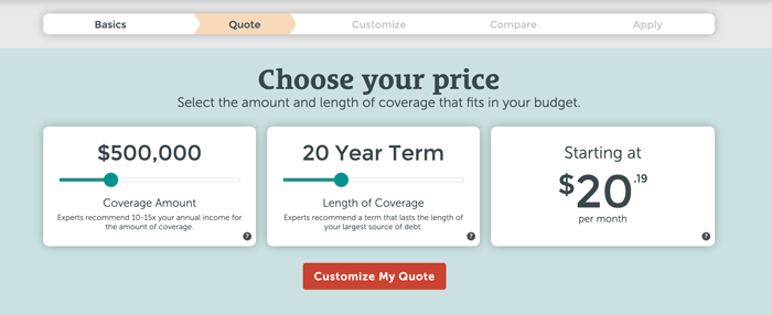 Screenshot of Quotacy's quoting tool showing a quote for $500,000 for 20-year term policy