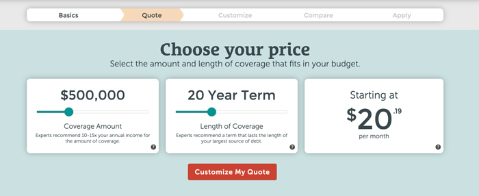 quoting_tool_500_20_year Screenshot of Quotacy's quoting tool showing a quote for $500,000 for 20-year term policy