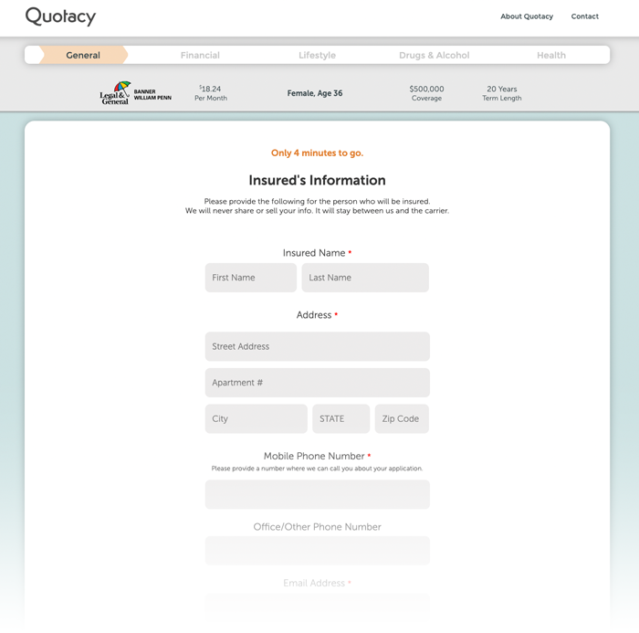 screenshot of the online application on Quotacy.com showing where you complete the insured's information
